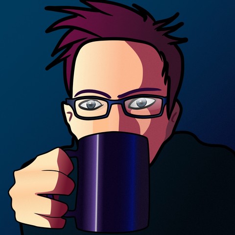 New avatar image. Vector drawing of a picture i took some time ago while drinking from a blueish black cup. You can see a stylized image of myself with unkempt hair and glasses with rectangular lenses.